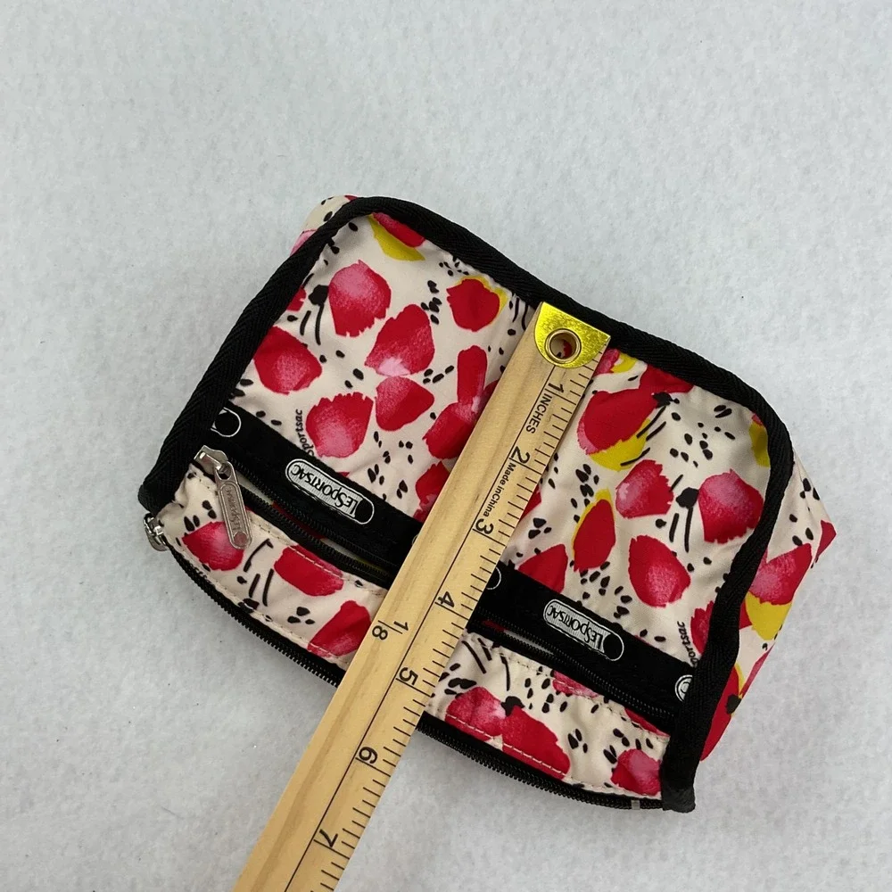 LeSportsac Floral Poppy Print 3-Zip Cosmetic Bag Travel Pouch Red Yellow Cream